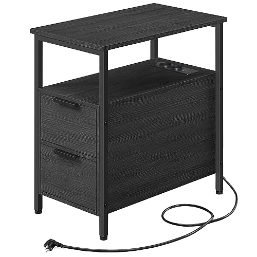 VASAGLE Tavolino con Stazione di Ricarica, Tavolino Stretto con 2 Cassetti, Comodino con Portaoggetti, per Soggiorno, Camera da Letto, Grigio Antracite e Nero Classico LET325B22