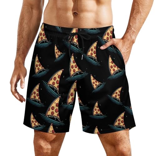 Funny Pizza Shark Mens Swim Trunks Swimming Board Shorts with Compression Liner Summer Beach Bottom