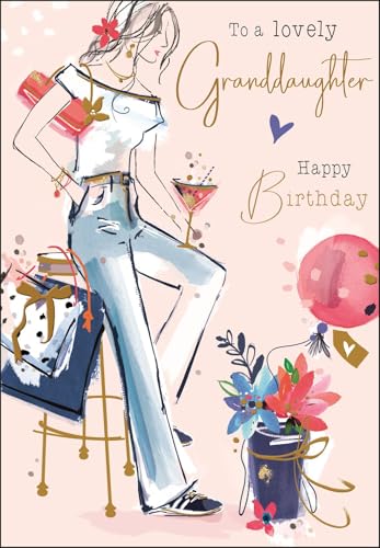 Jonny Javelin Bonita tarjeta de cumpleaños para nieta, elegante diseño femenino con regalos florales y globos, tarjeta de feliz cumpleaños para ella, acabado de aluminio en relieve