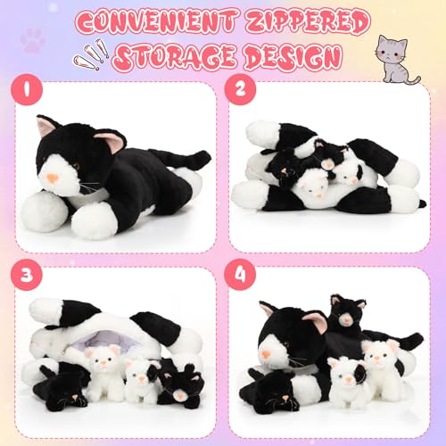 Image of Skylety 5 Pieces Cat Stuffed Animal with Babies Inside Belly Plush Cat Pregnant Mommy Kitty with 4 Cute Fluffy Stuffed Kittens Christmas Birthday Surprise Gifts(Black, White)