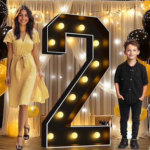 Image of Pooqla 4FT Marquee Light Up Numbers 2 for 2nd 21st Birthday Decorations | Black LED Marquee Numbers Party Backdrop, 4 Feet Large Mosaic Numbers 2nd 21st 25th Anniversary Birthday Gift for Boys Men