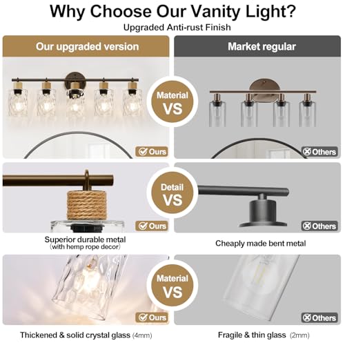 Image of MOKATNG Bathroom Light Fixtures, 5-Light Coastal Vanity Lights with Crystal Glass Shade, Oil-Rubbed Bronze Bathroom Wall Lamp for Mirror Kitchen Hallway Cabinet