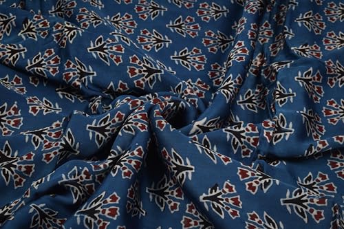 Image of Ethnics of Kutch Women's Ajrakh Modal Silk Natural Dye Hand Block Print Unstitched Kurta Fabric Mtr Length (2.5 Mtrs - Blue 30101C)