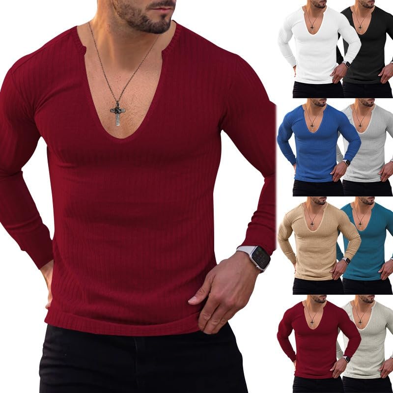 KELYWELL Mens Slim Fit Deep V Neck Knitted Sweater Texture Stretchy Ribbed Tops Slim Fit Pullover Sweater3
