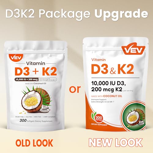VEV Vitamin D3 K2 10000 IU, 300 Virgin Coconut Oil Softgels, 2 in 1 Vitamins Supplement D & K (Include MK7), Easy to Swallow, Supports Calcium Absorption, Bone Health(Packaging May Vary) - Image 4