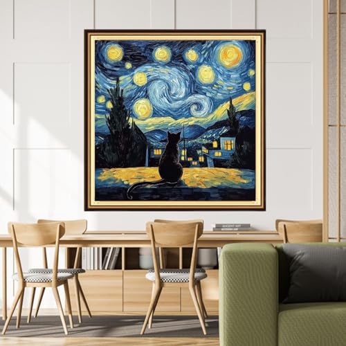 Image of Dimensean Stamped Cross Stitch Kits Full Range of Embroidery Patterns Starter Kits for Beginners Adult DIY Cross Stitches Needlepoint Kits 11CT-Van Gogh Starry Cat 18x18 inch