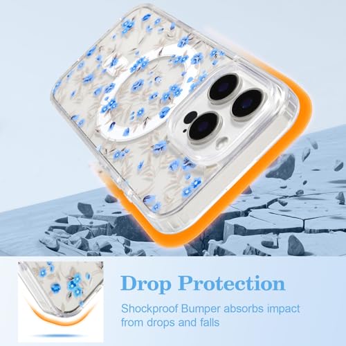 Coque iPhone 14 Pro Max antichoc transparente MagSafe fleur bleue