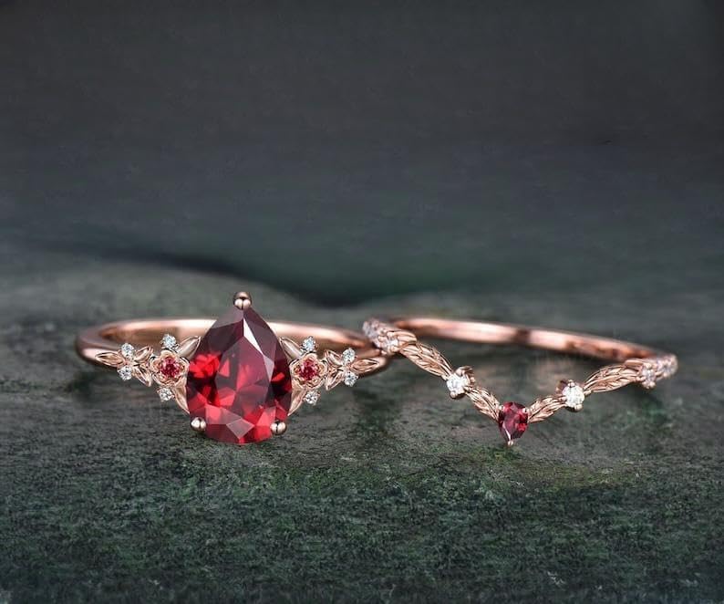 Generic pear red ruby engagement ring twig leaf floral antique unique cluster diamond bridal wedding ring set women gift