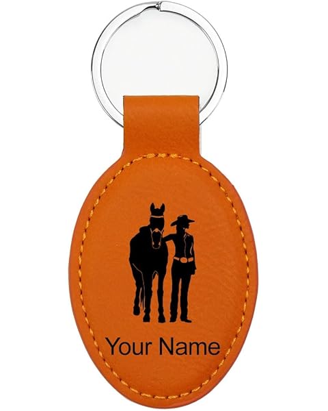 LaserGram Oval Keychain, Horse and Woman, Personalized Engraving Included