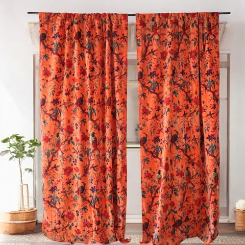 Anati Decor Cotton Velvet Curtain - Hand Screen-Printed Bird Paradise Design, Artisan Crafted Window...