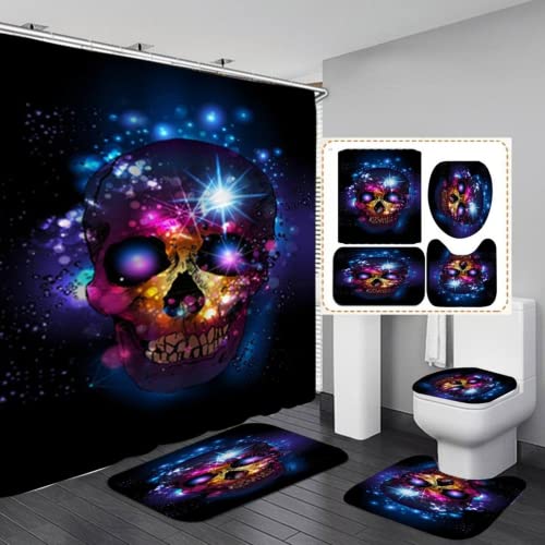 Sjj-RE Skull Totenkopf Duschvorhang Skelett wasserdichter Stoff, Badezimmer-Dekor-Set mit Haken,4pcs Toilettendeckelabdeckung Badematte (A03,90 x 180 cm)