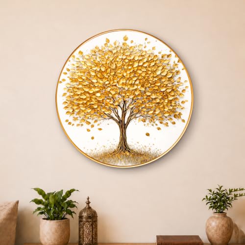 Image of PAINTINGMANTRA Golden Tree of Life Round Wall Art Painting With Frame For Living Room | Vastu-Inspired Prosperity Decor Framed Painting | Elegant Round Wall Hanging for Home, Office & Gifting, 16 In