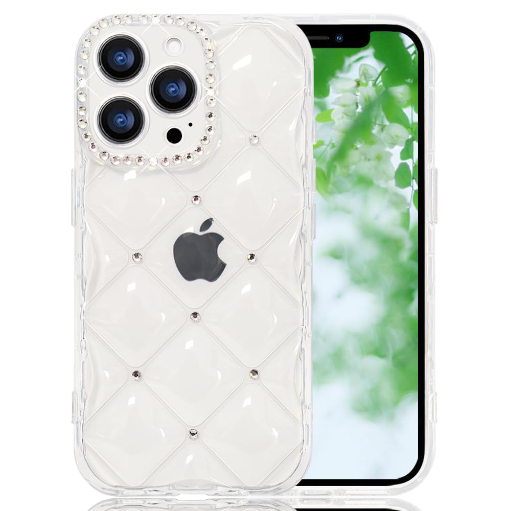 JOOBOY スマホケース 対応 iPhone 14 Pro ケース クリア かわいい キラキラ ブリンブリン 菱形 凹凸 ストーン ハードかばー 薄型 軽量 女性人気 キャラクター 滑り止め 指紋防止 ストラップホール付き 衝撃吸収 アイフォン14 プロ 携帯ケース (クリア, iPhone14 Pro)