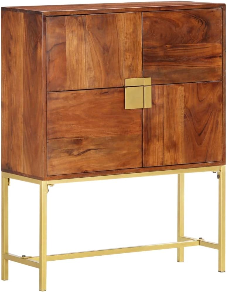 Rustic Solid Acacia Wood Highboard Brown and Golden Finish 31.5 x 11.8 x 39.4 in Storage Cabinet with 4 Doors for Living Room Bedroom Indoor Use
