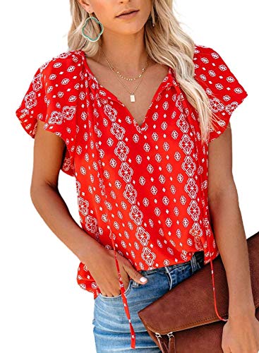 Dokotoo Women's Casual Boho Floral Printed V Neck Tops Drawstring Short Long Sleeve T Shirt Blouses