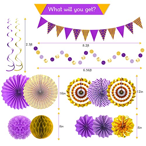 Image of Purple Gold Party Decorations, Graduation Season Hanging Glitter Triangle Flags Banner Paper Fan Tissue Pom Poms Garlands, Women Girl Party, Bridal Shower, Purple Themed Birthday