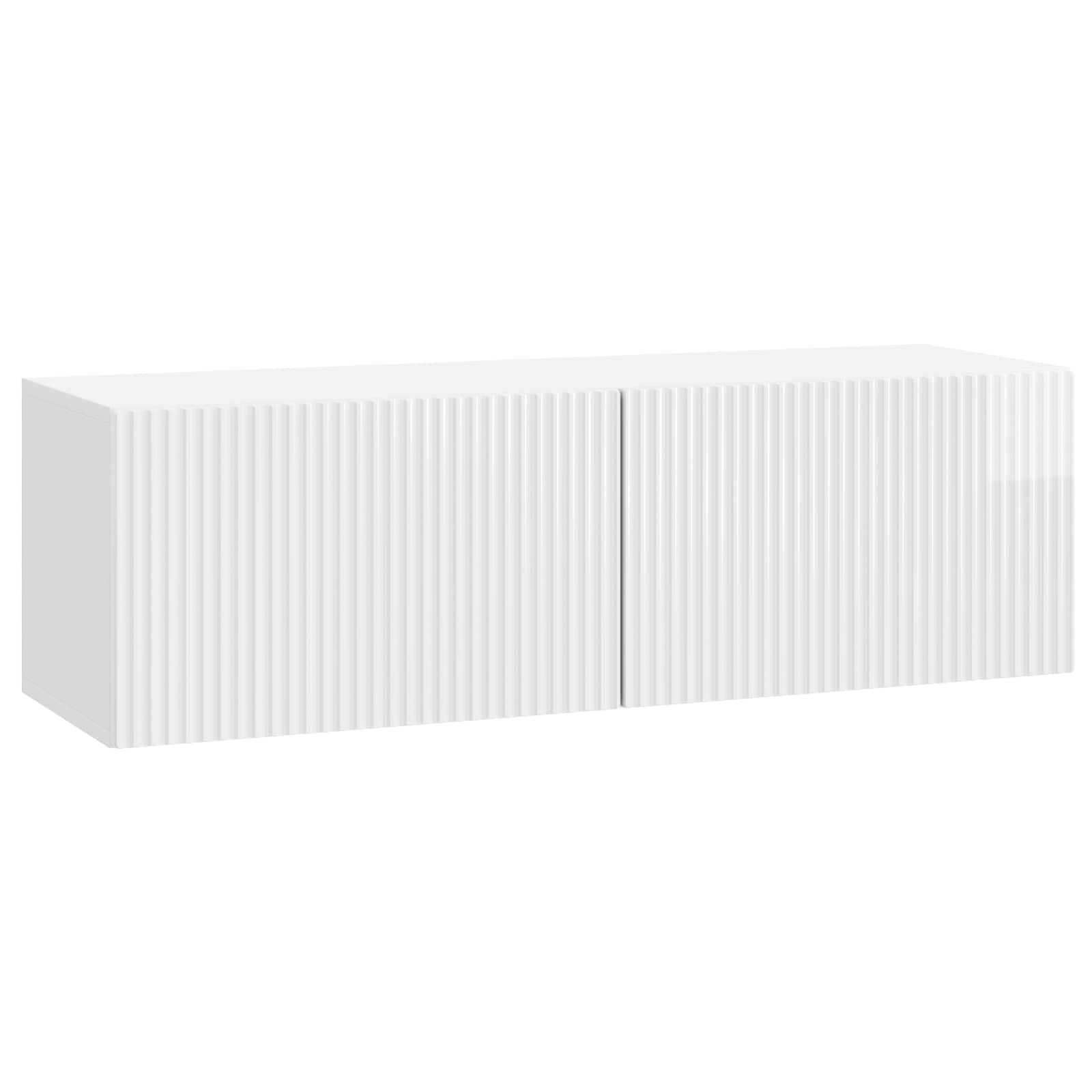 Mueble de TV colgante blanco de madera de ingeniería de alto brillo, mueble de TV moderno montado en la pared con puertas batientes, gran espacio de almacenamiento