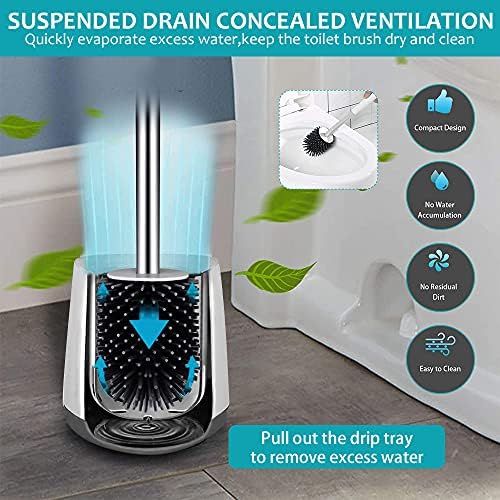 Silicone Toilet Brush and Holder 2 Pack: Soft Flexible Bristles | with Non-Slip Handle and Anti-Drip Base | for Bathroom Toilet Deep Cleaning, with 3 Detail Brushes
