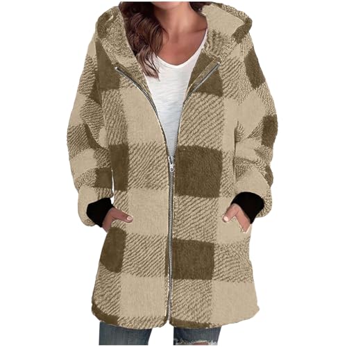 Fleece Jacket Women 2025 Trendy Plaid Print Warm Winter Coat Full Zip Up Hoodie Fuzzy Shackets Outerwear with Pockets
