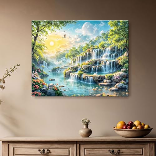 Image of ArtX Canvas Step Waterfall Painting Vastu, Big Size Scenery, Water Stream, Mountain Painting Vastu Water Fall, Multicolor, Nature, 58.0 X 45.0 cm, Set of 1