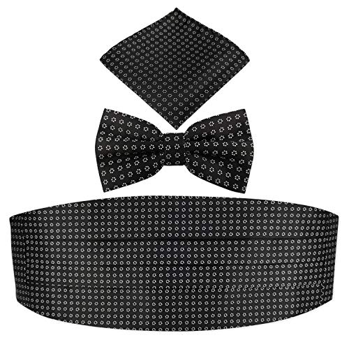 Mens' Daisy Floral Jacquard Cummerbund & Bow Tie Pocket Square Set - Black
