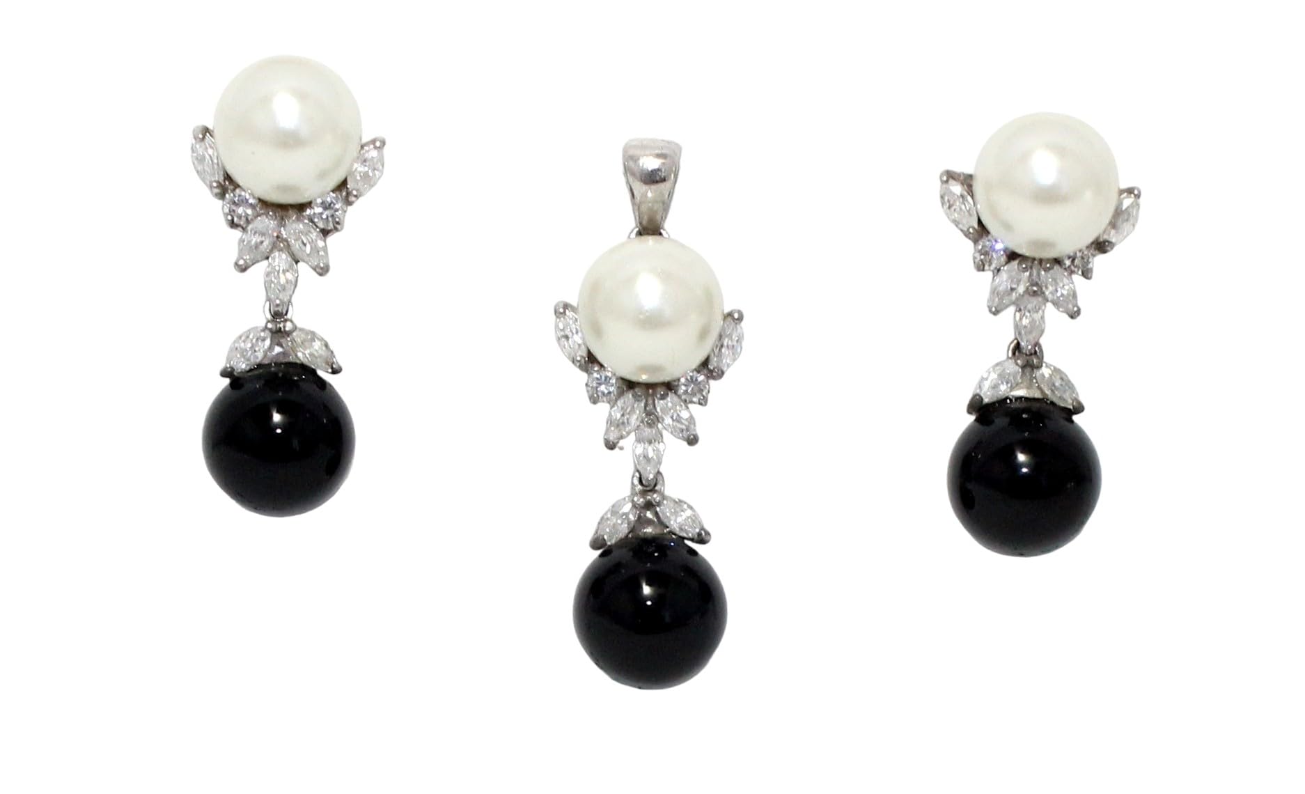PH Artistic Juego de pendientes colgantes de plata de ley 925 con perla y piedra de ónix, piedras preciosas y circonita cúbica y circonita cúbica para mujer, hechos a mano i967