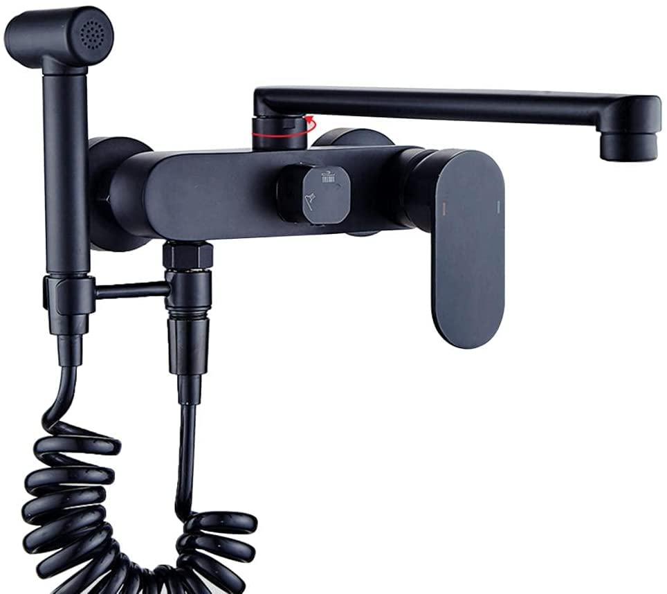 Grifo de cocina negro cepillado montado en la pared con pistola pulverizadora, giratorio de 360°, acabado cromado, 25 cm, grifo mezclador para fregadero de cocina, diseño moderno, duradero y elegante