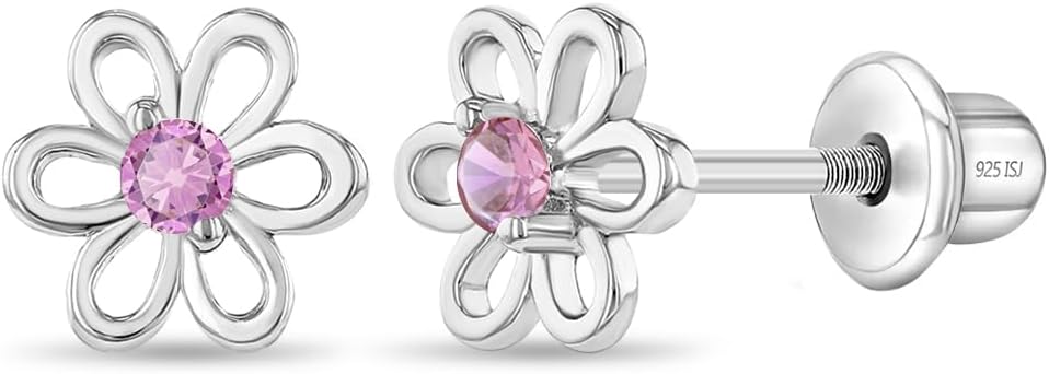925 Sterling Silver CZ Flower Earrings - Hypoallergenic Screw Back Earrings for Girls & Toddlers - Lightweight, 7mm Flower Design