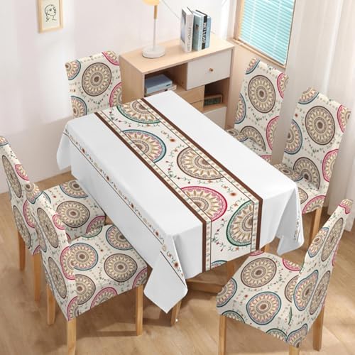 Image of Styleys Dining Table Cover 6 Seater Waterproof with Chair Covers | Table Cover Cloth | Dining Table Cover Clothe Combo - 1 Table Cover + 6 Chair Cover, White Mandala Print, XKFSZB-11