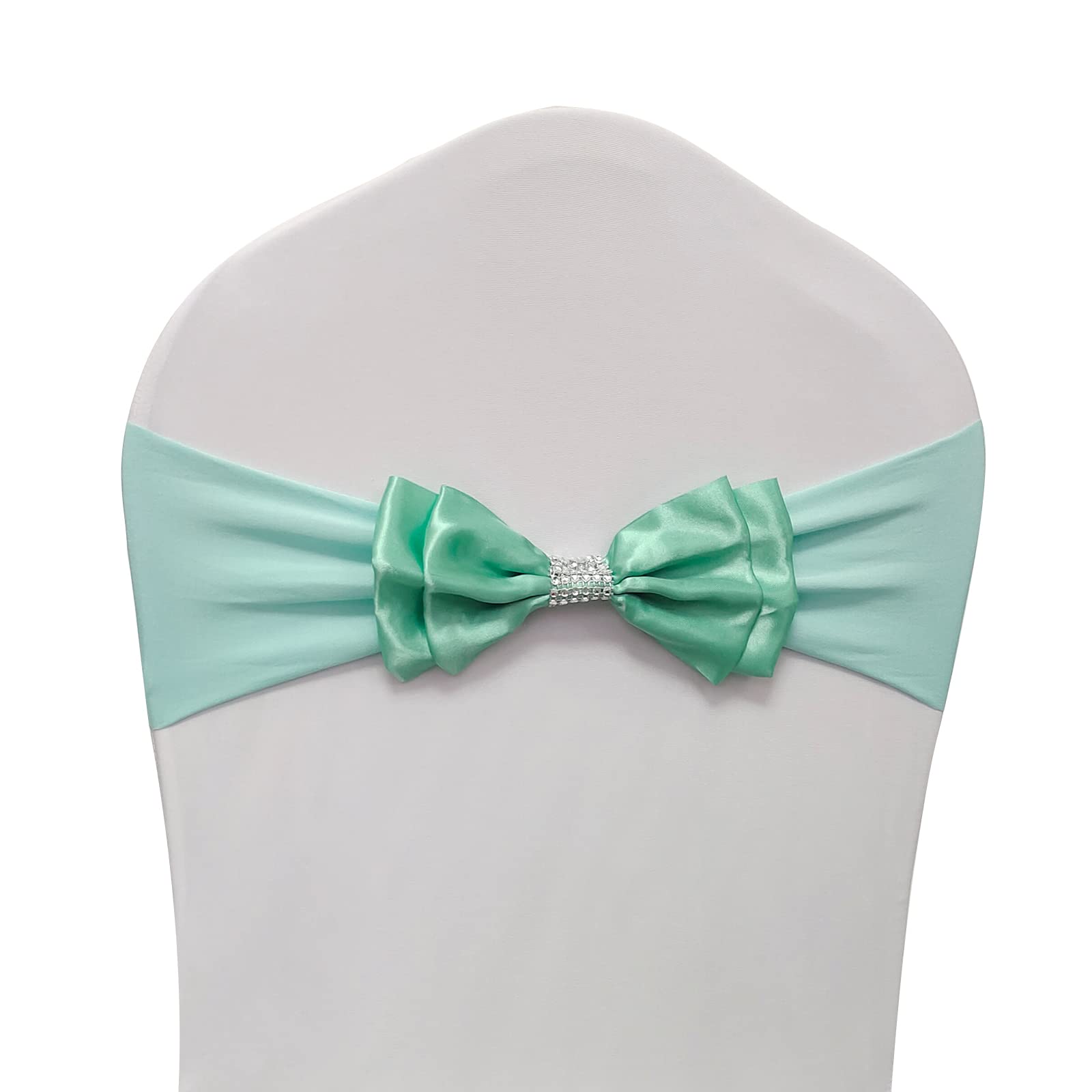 Spandex Sash for Chair Decoration for Wedding Party Reception Banquet Stretchy Elastic Bands with Double Bow Pack of 50 Tiffany Blue