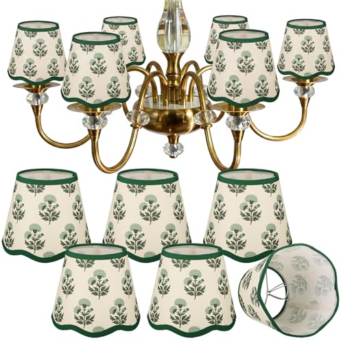 Gerrii 6 Pcs Scalloped Lamp Shades Floral Block Print Lamp Shades Cotton Lampshade 3x6x5 Inch Coastal Fabric Mini Scallop Lampshades for Wall Sconce Pendant Light (Blue Blue and Green Floral)
