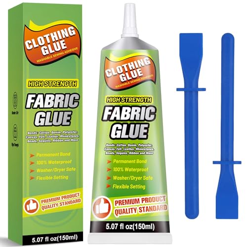 Thrilez Fabric Glue Adhesive, 150ml Permanent Fabric Adhesive Clear Waterproof Clothing Sewing Glue for Rhinestones, Cotton, Patch, Felt, Leather, Polyester and Doll Making Supplies 5oz