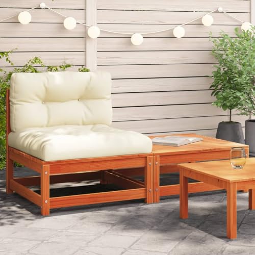 HXUHUWS Armless Patio Sofa with Cushions and Footstool, Solid Pine Wood Construction, Wax Brown