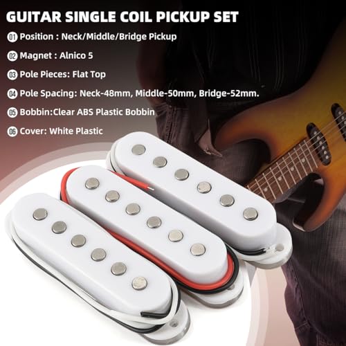 Domofa Alnico 5 Strat Pickup Single Coil Pickups Set SSS for Stratocaster Electric Guitar Replacement Part (White)