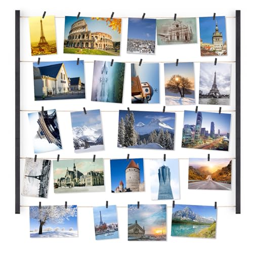 Love-KANKEI Wood Picture Frame Collage Photo Display Frame 26×29 inch with 30 Clips and Adjustable Twines Collage Artworks Prints Pictures Organizer Gift Black