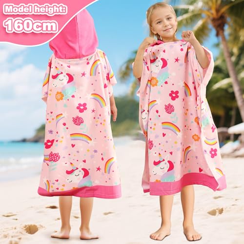 FILOWA Badeponcho Kinder Mikrofaser Badetuch Strand Badehandtuch mit Kapuze Groß Handtuch Poncho Rosa Einhorn Strandtuch 75 * 180cm Kapuzenhandtuch Saugfähig Handtücher für 6-15 Jahre Jungen Mädchen