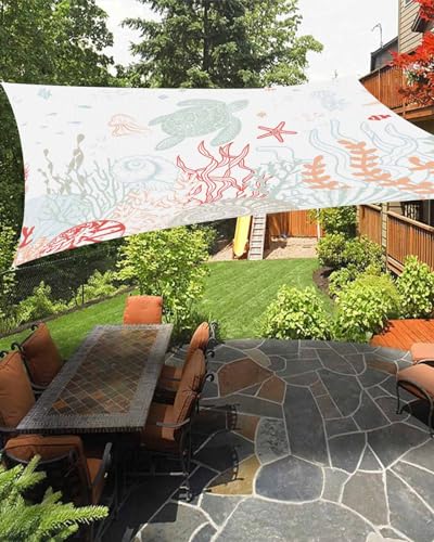 Coastal Turtle Sun Sail Shades Rectangle Canopy,Sunlight Block Heavy Duty Curved Backyard Shade Cover,Waterproof Sun Shades for Patios Garden Outdoor,8'x10' Multicolor Coral Seaweed Starfish Jellyfish