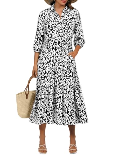 ANRABESS Women 3/4 Puff Sleeve Polo Neck Floral Maxi Dress S Leopard Print