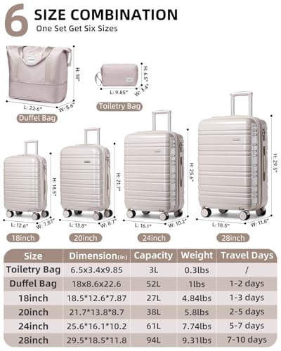 Image of LARVENDER Luggage Sets 6 Piece Hardside Expandable Suitcase with Wheels TSA Lock, PC+ABS Hardshell Lightweight Travel Luggage Sets for Women, Glossy Champagne