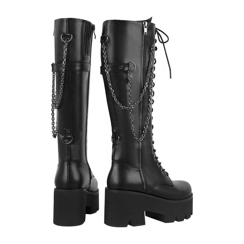 Only maker Gothic Kniehohe Stiefel mit Blockabsatz Metallketten Schnürstiefel Profilsohle Schwarz