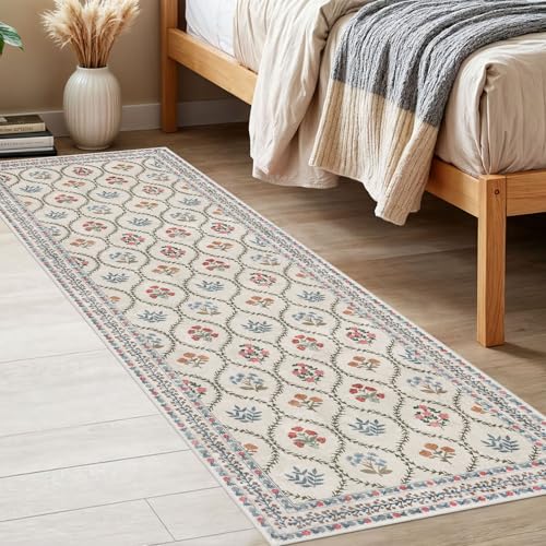 KILOCOCO 2x6 Runner Rug, Moroccan Super Soft Washable Hallway Entryway Runner Rug, Accent Print Faux Wool Kitchen Runner Rug 6 Feet Non-Slip Boho Rug Runner for Laundry Room Bedroom, Ivory