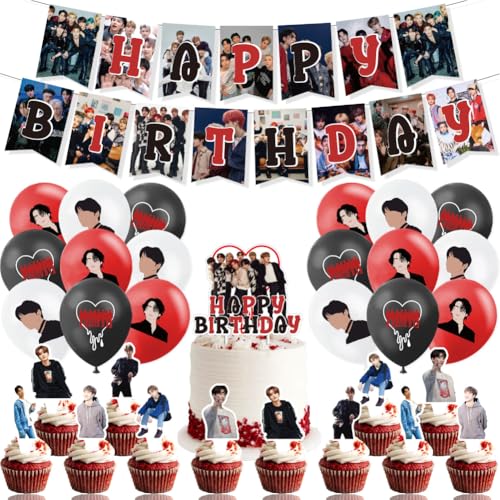 32PCS Stray-K Birthday Decorations Stray-K Kids Theme Party Decorations Convient Pour Les Décorations d'Anniversaire d'Enfants, Compris Les Bannières, Des Cupcakes et Des Ballons