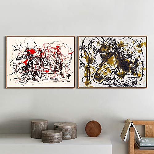 Framed Canvas Giclee Print Art Combo Painting 2 Pieces By Jackson Pollock Wall Art Series#6 Living Room Home Office Decorations(Wood Color Slim Frame,24"X32"Each Piece) #TOP1