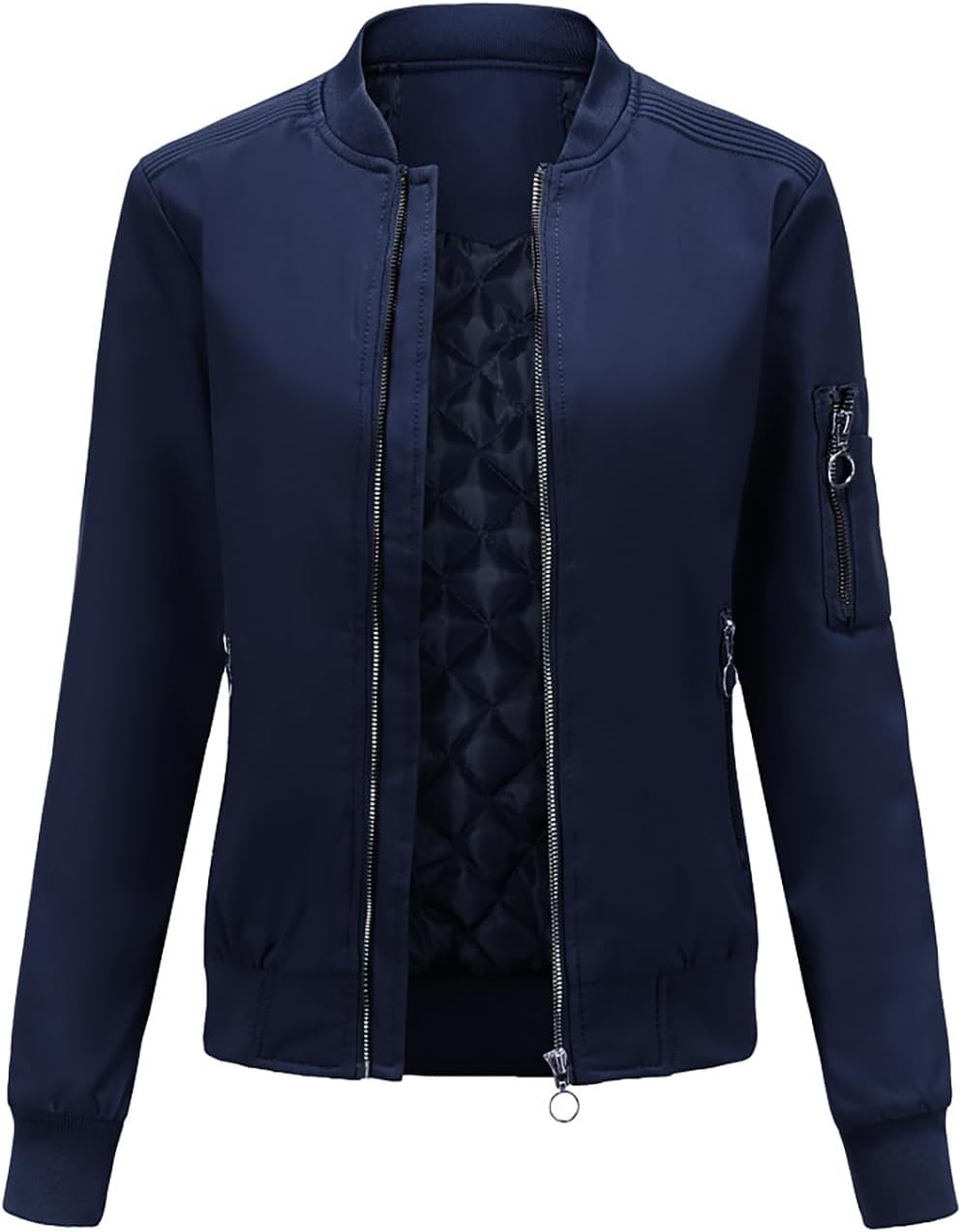 Women Fall Winter Warm Bomber Jacket Casual Long Sleeve Full Zip Up Windbreaker Quilted Jacket Moto Coat Outwear