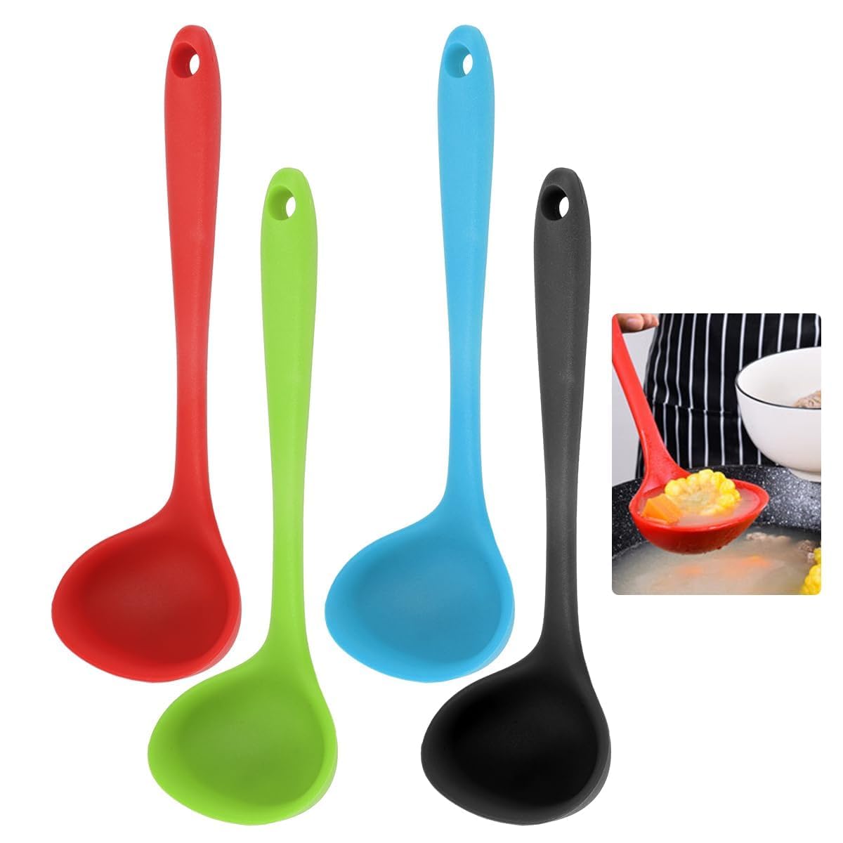 4 Pieces 21 cm Silicone Long Handled Soup Ladle Set with Hanging Hole
