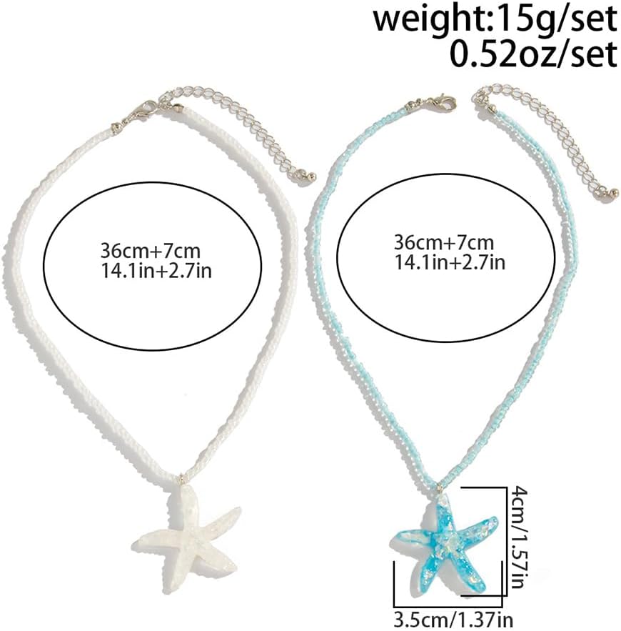 2Pcs Layered Boho White Blue Starfish Necklace for Women, Delicate Sea Star Pendant Hawaiian Small Beaded Chain Necklace Y2k Beach Ocean Beachy Jewelry - Image 2