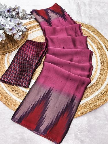 Image of SUPERLAXMI Women's Chiffon Floral Printed Saree with Blouse Piece