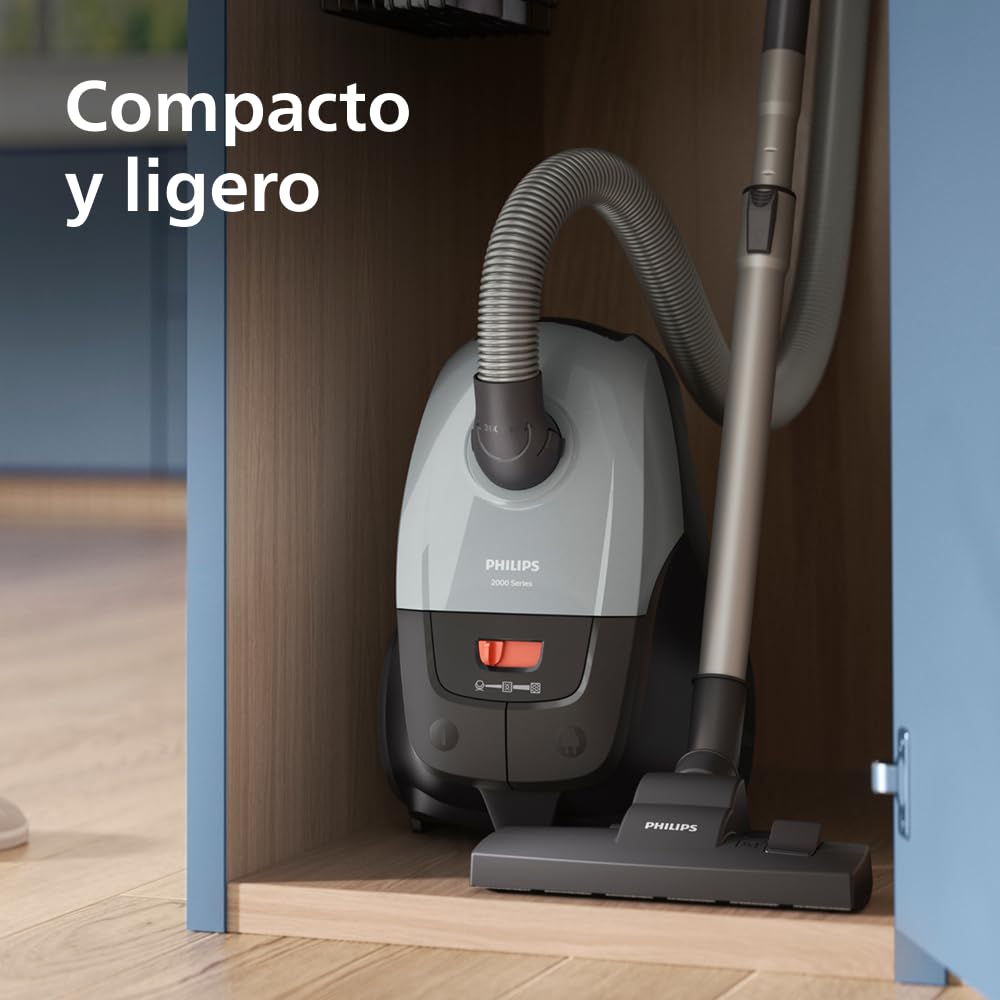 PHILIPS Aspirador con Bolsa Serie 2000 – Compacto y Ligero, Motor de 800W, Filtro HEPA Captura el 99,9% del Polvo, Boquilla Multiusos, Alcance de 9m, Bolsa para el Polvo Grande (XD2142/12)