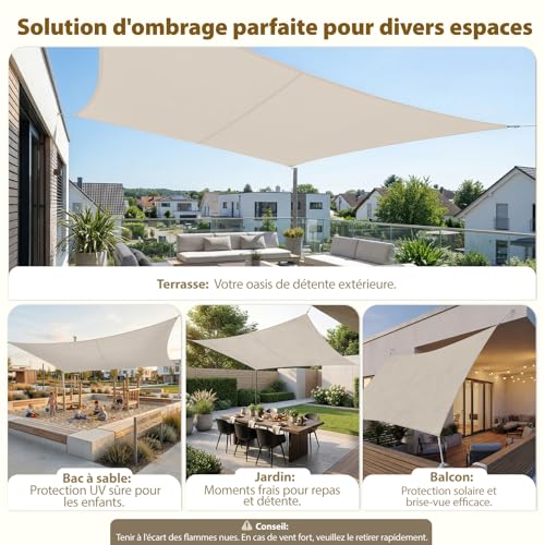 Voile d'ombrage 4x5m imperméable Sekey résistant déchirures balcon