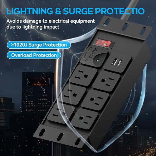 Protector eléctrico GUITK Rack PDU 10" 2U con 6 tomas, protección contra sobretensiones de 1020J, 125V/15A, cable 14AWG de 1.83 m y 2 puertos USB-A miniatura 3